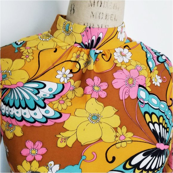 Vintage 1970s Iconic Womens Mini Dress Butterflies Flowers Mod A-line Woodstock - Picture 2 of 16